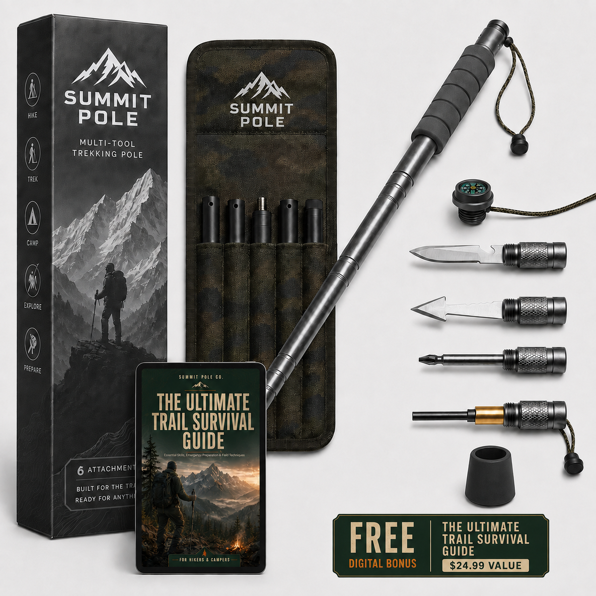 Summit Pole™ Survival Multi-Tool Hiking Trekking Pole – Ultralight Adjustable Aluminum Hiking & Camping Walking Stick with Fire Starter