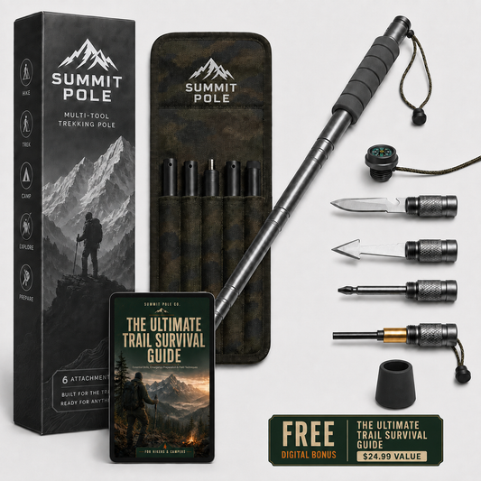 Summit Pole™ Survival Multi-Tool Hiking Trekking Pole – Ultralight Adjustable Aluminum Hiking & Camping Walking Stick with Fire Starter