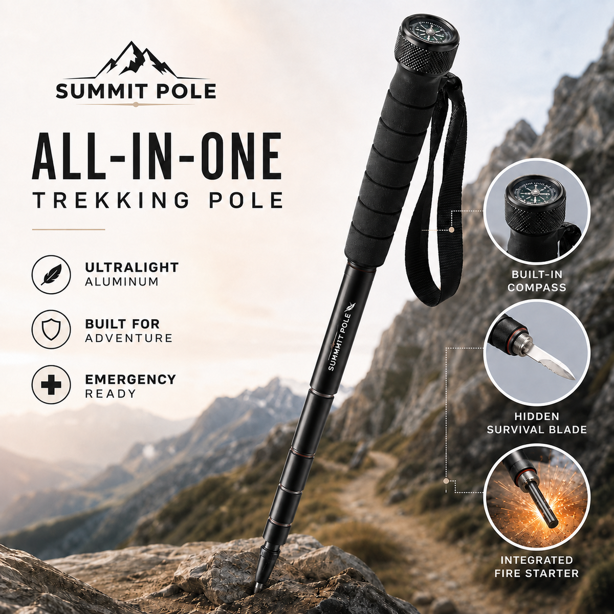 Summit Pole™ Survival Multi-Tool Hiking Trekking Pole – Ultralight Adjustable Aluminum Hiking & Camping Walking Stick with Fire Starter